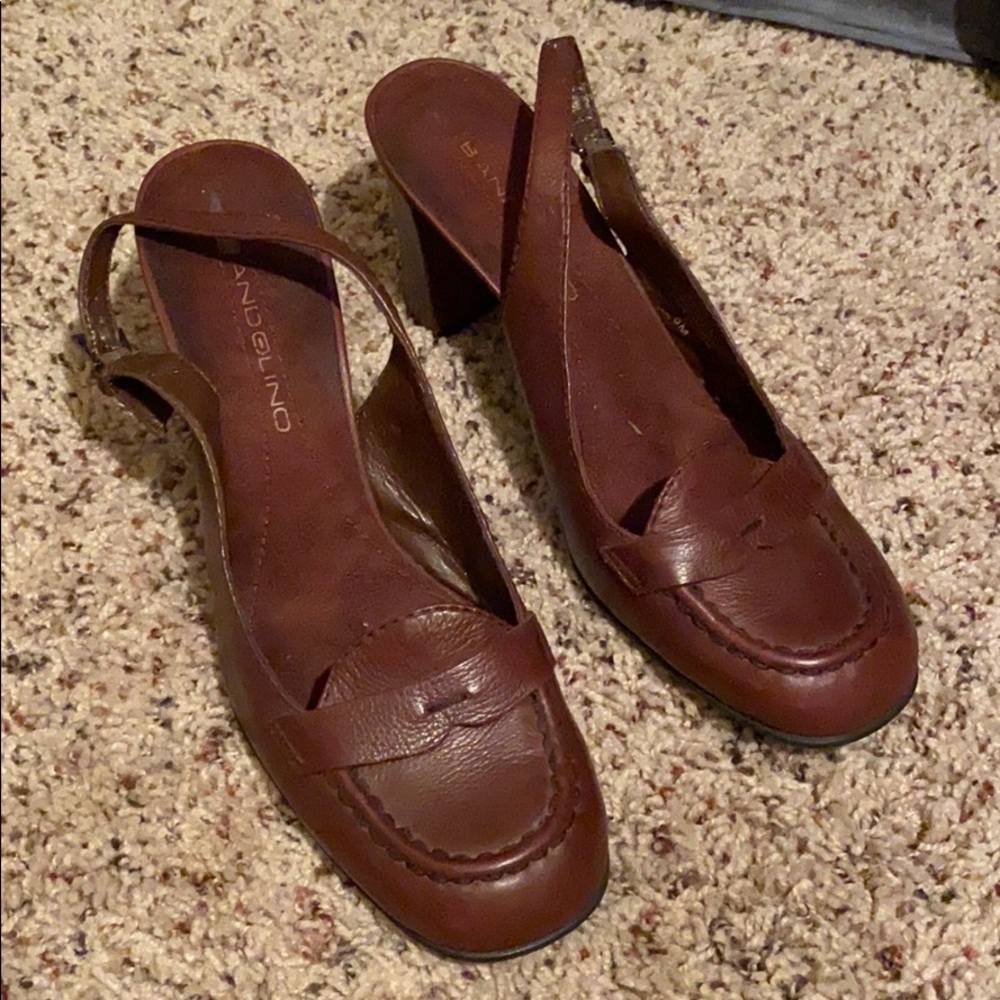 Leather block heel sling backs
